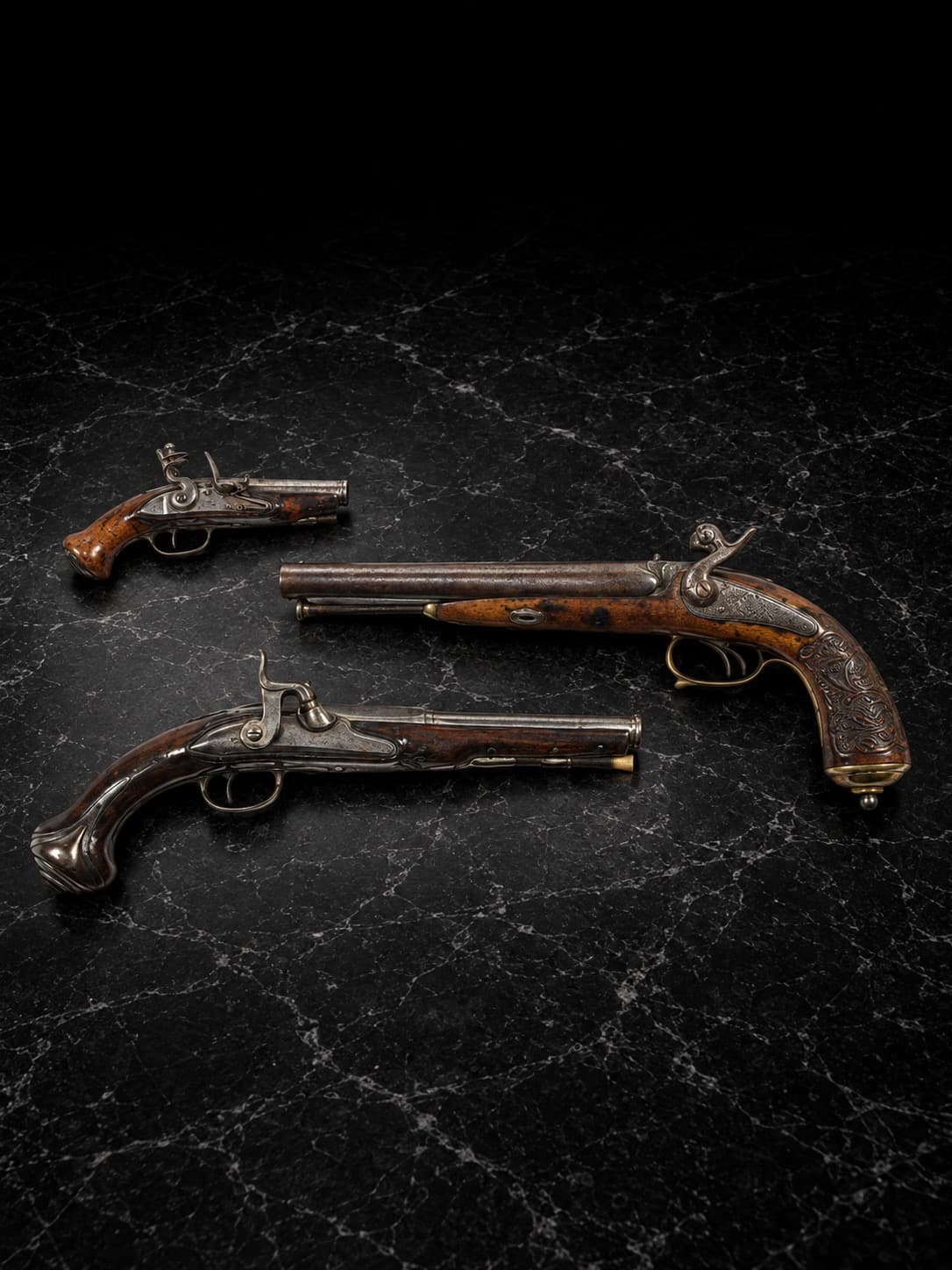 Lot of Three Antique Pistols – 18th Century – 17 to 36 cm